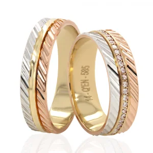 Three Tone Stone Embroidered Wedding Ring Set