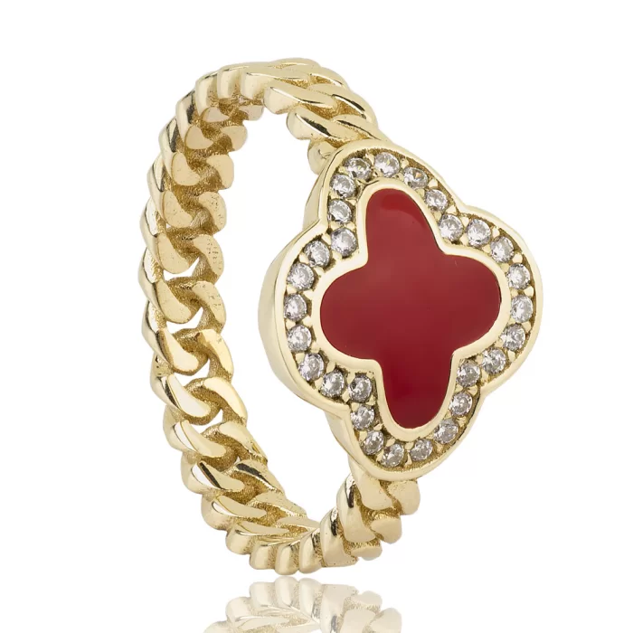 Red Clover Shaped Stone Embroidered Wedding Ring For Women