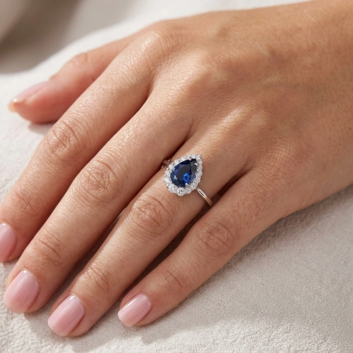 0.10 Karat Pırlanta Damla Tasarım Safir Yüzük