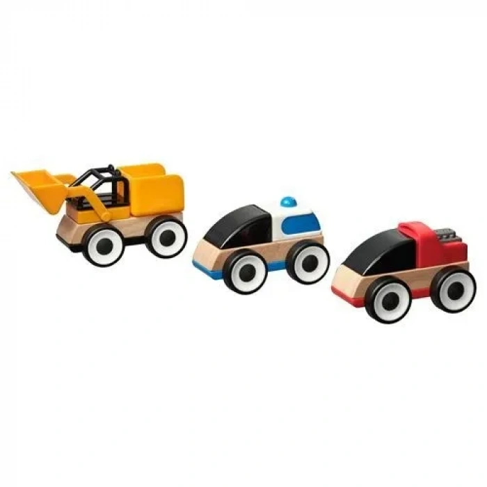 LILLABO araç seti, çok renkli, 3 adet, ekskavatör,polis arabası,yarış arabası