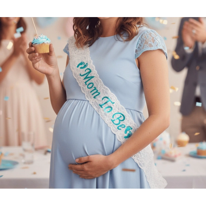 Kuşak Dantelli Mom To Be Beyaz - Mavi