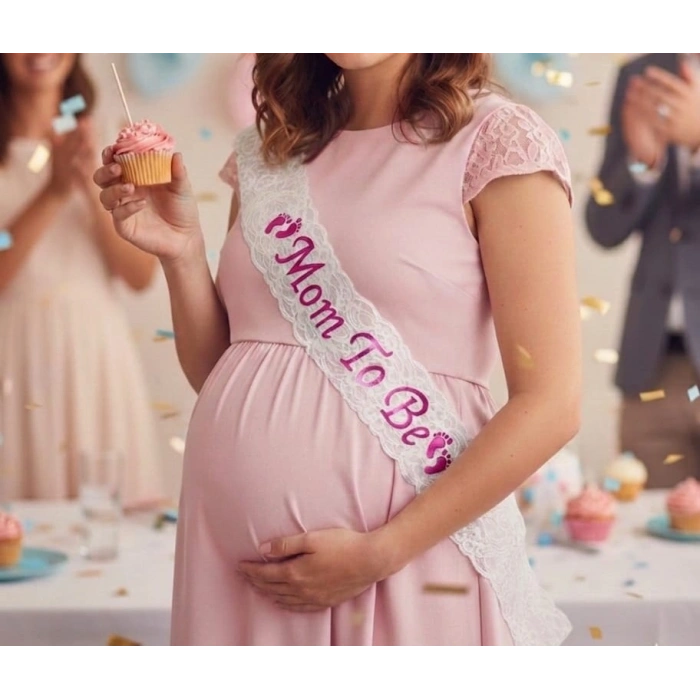 Kuşak Dantelli Mom To Be Pembe - Beyaz