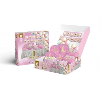 1 Yaş Doğum Günü Parti Seti 8 Kişilik 45 Parça Pembe Gold
