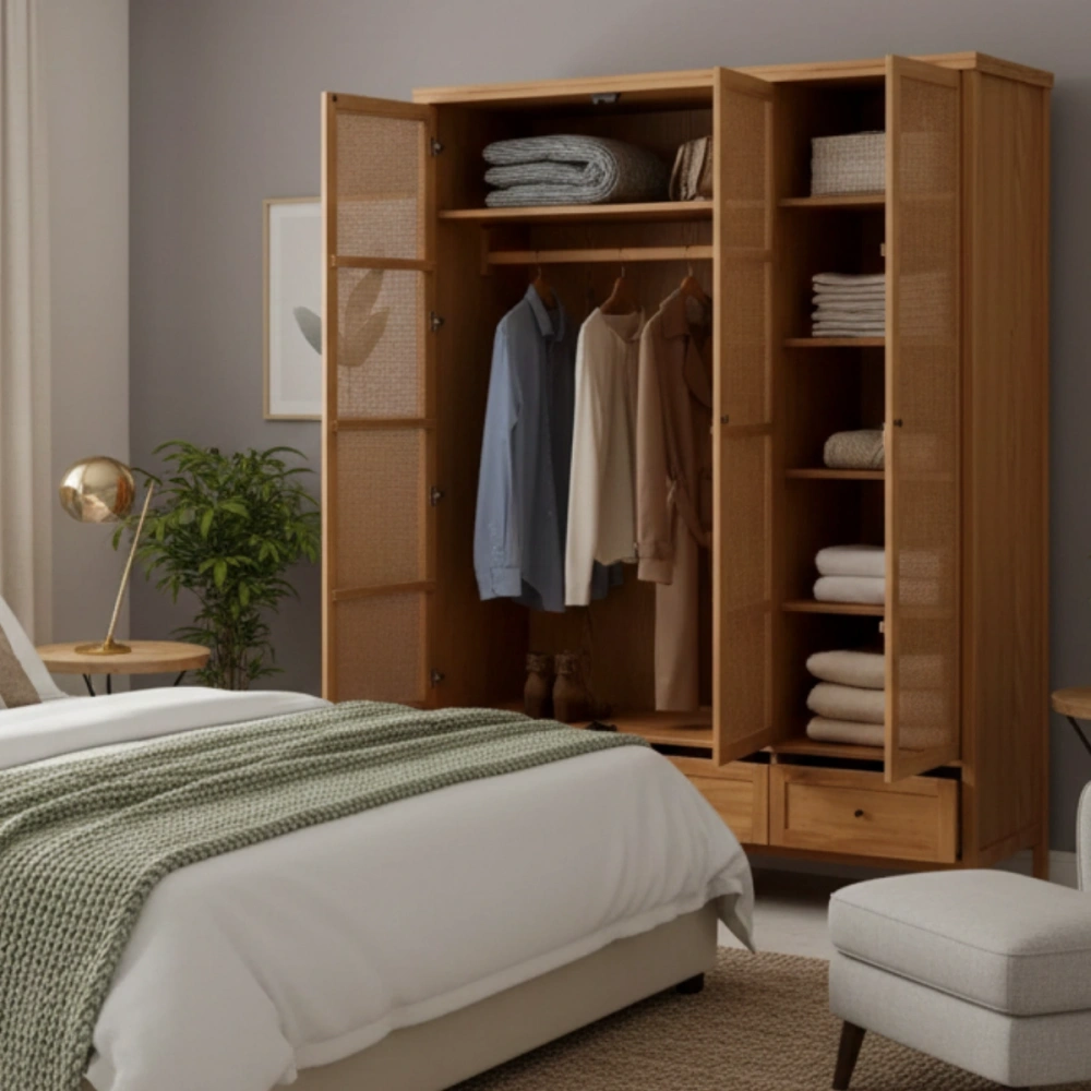 Altea Rattan Detaylı Geniş Masif Gardrop