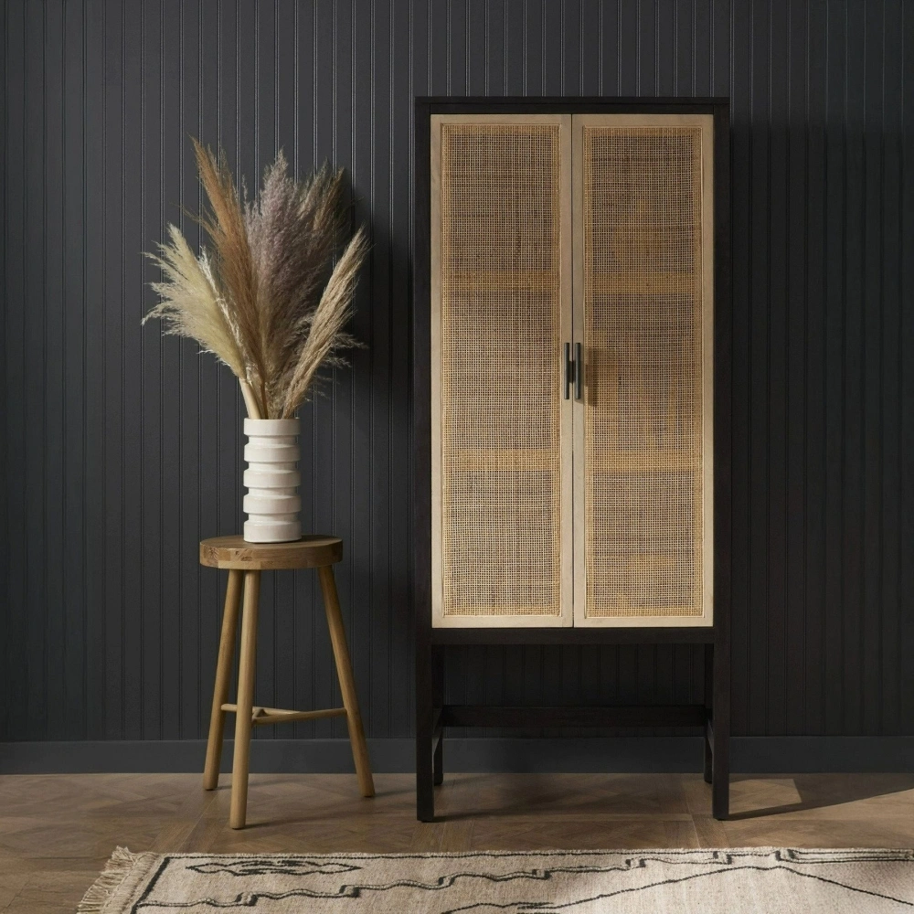 Noir Masif Ahşap Rattan Detaylı Büfe Dolap