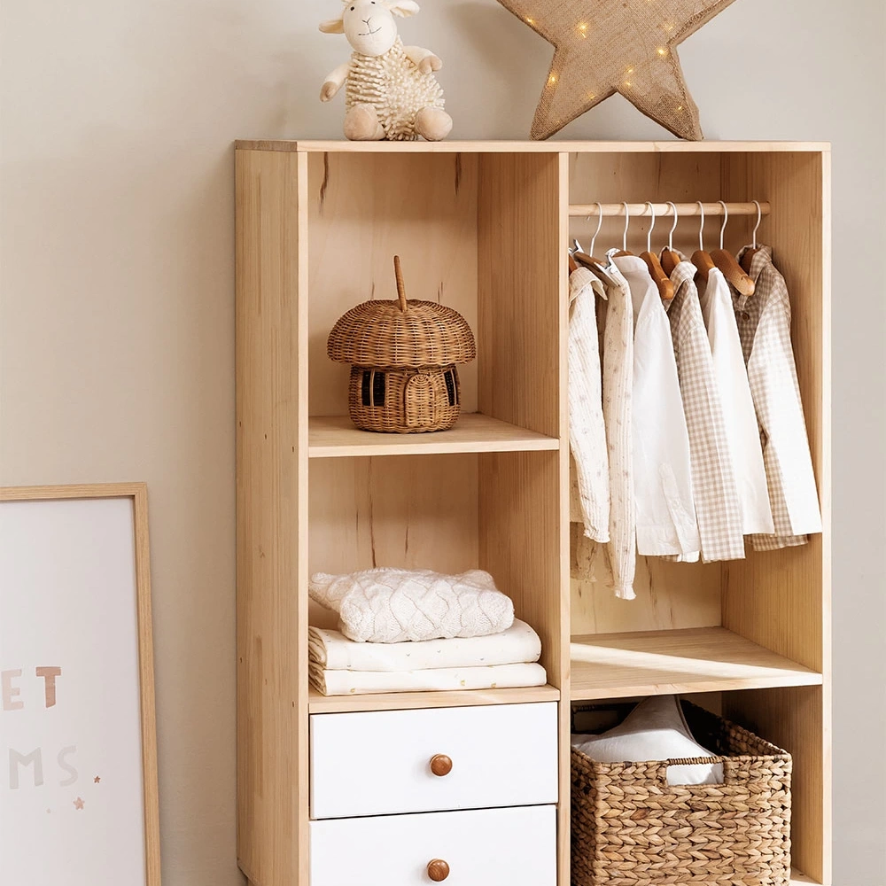 Ahşap çift çekmeceli açık raflı mini gardrop