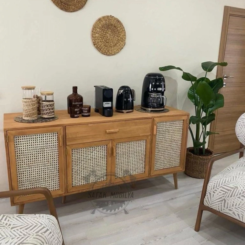 Ahşap doğal bambu hazeranlı masif konsol büfe