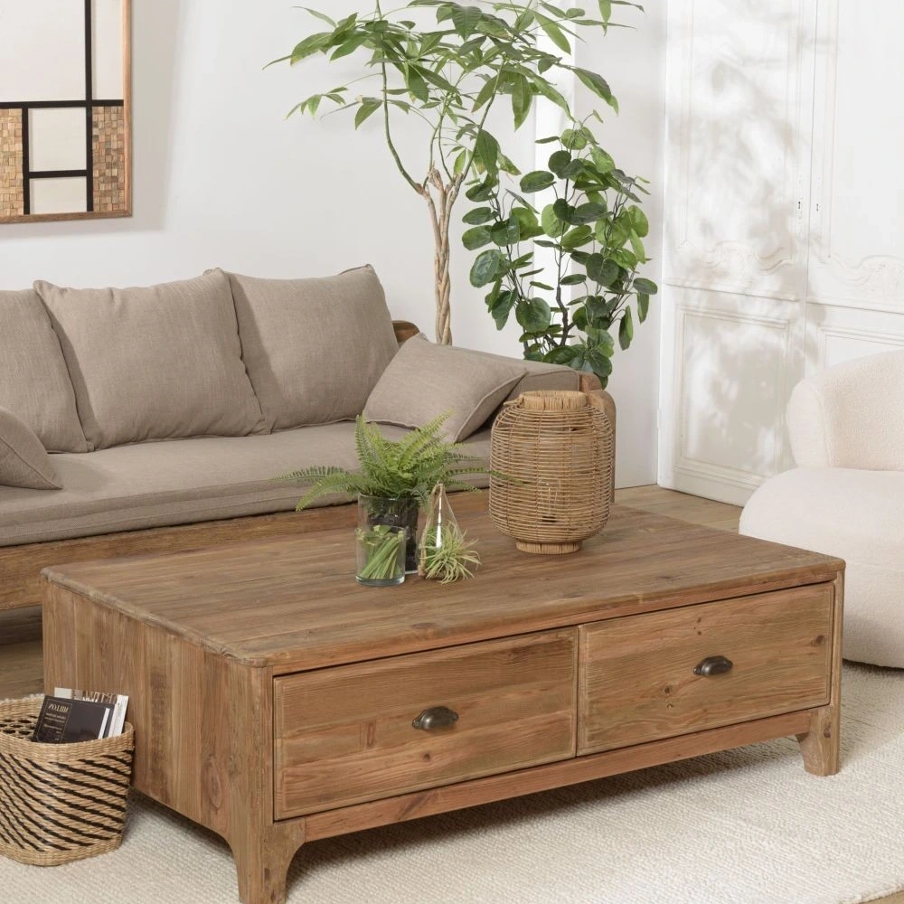 Retro Masif Ahşap Çekmeceli Orta Sehpa