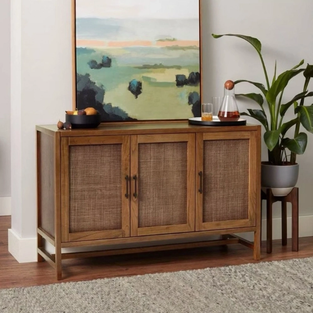 Walnut Retro Model Rattan Detaylı 3 kapaklı Masif Konsol