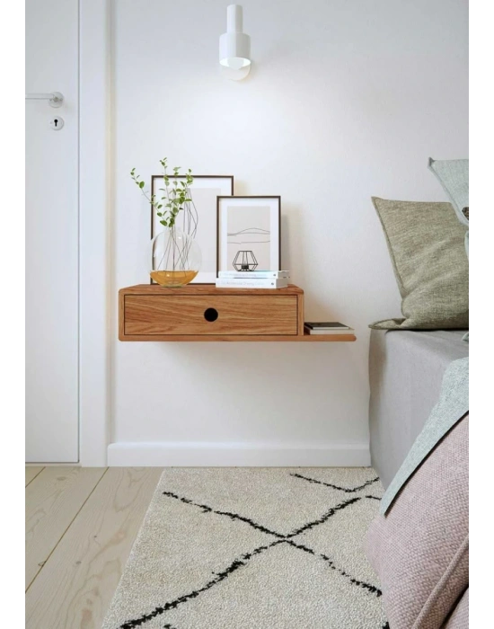 Ahşap çekmeceli raflı uçan komodin