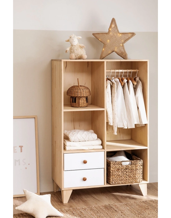 Ahşap çift çekmeceli açık raflı mini gardrop