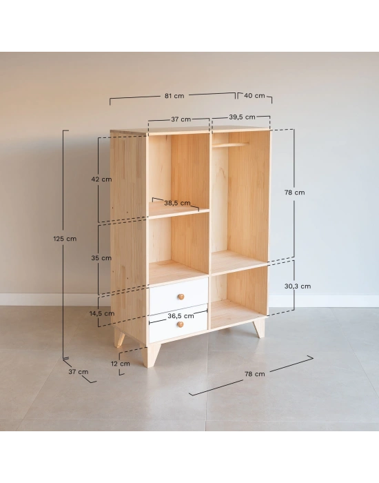 Ahşap çift çekmeceli açık raflı mini gardrop