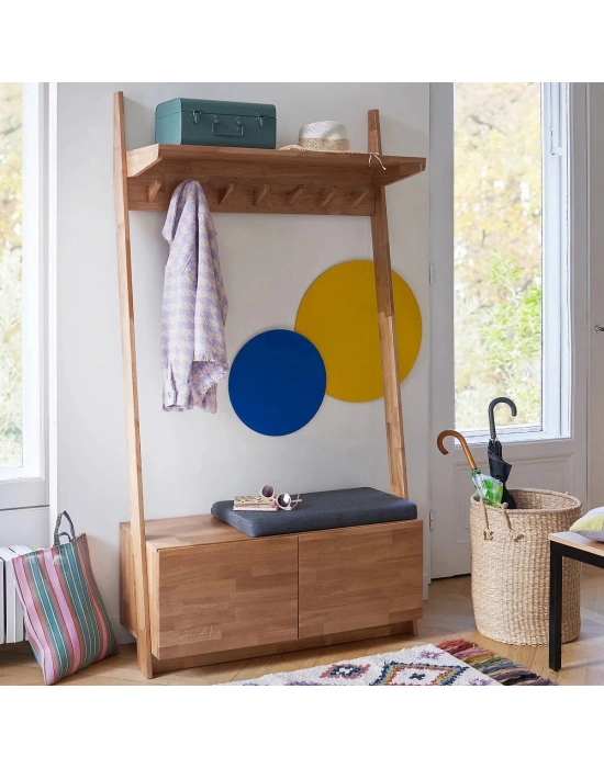 Ahşap çift kapaklı puf / minder detaylı vestiyer, portmanto