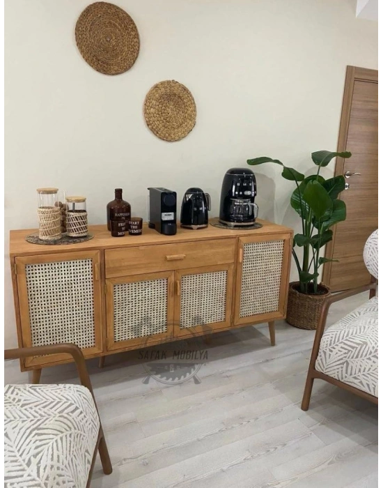 Ahşap doğal bambu hazeranlı masif konsol büfe