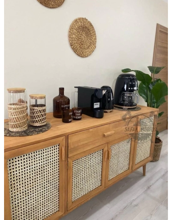 Ahşap doğal bambu hazeranlı masif konsol büfe