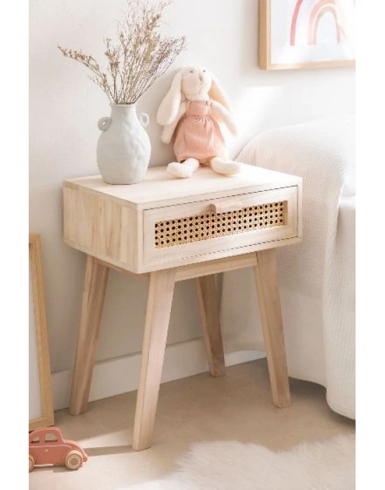 Ahşap hazeran detalı tek çekmeceli komodin