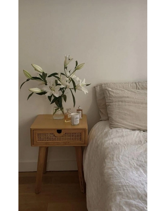 Ahşap hazeran detaylı vintage komodin