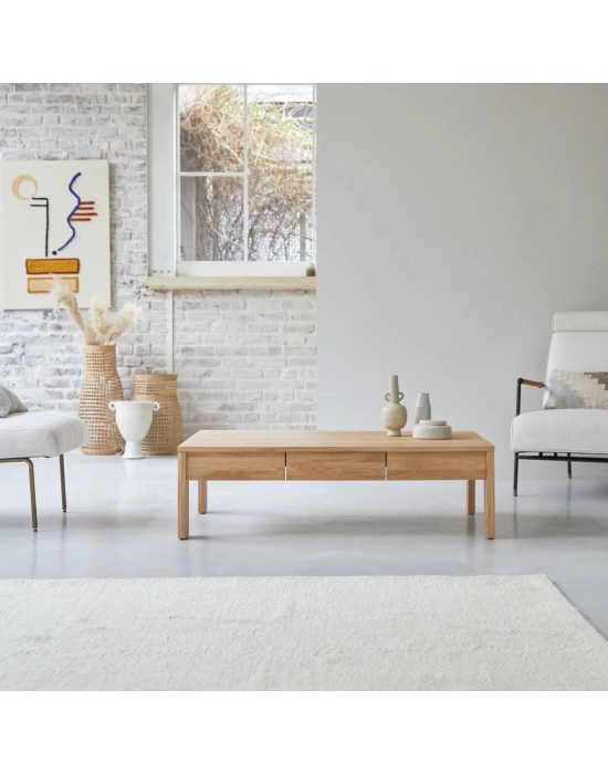 Ahşap masif çift çekmeceli natural orta sehpa