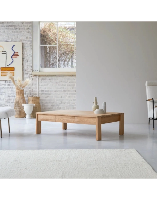 Ahşap masif çift çekmeceli natural orta sehpa