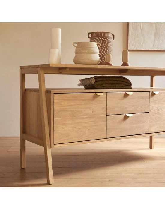 Pola çift çekmeceli natural masif ahşap konsol