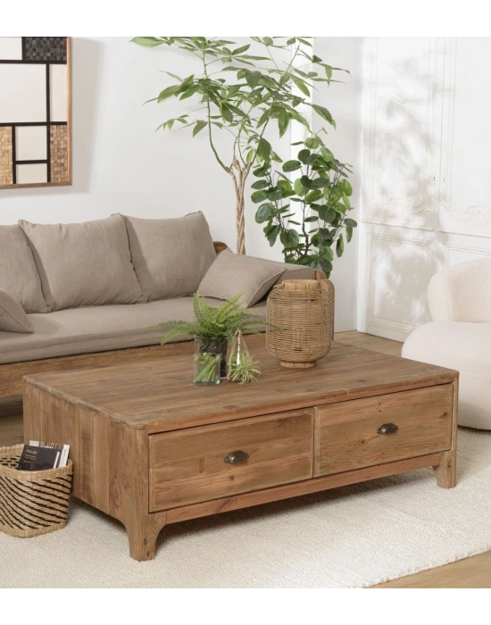 Retro Masif Ahşap Çekmeceli Orta Sehpa