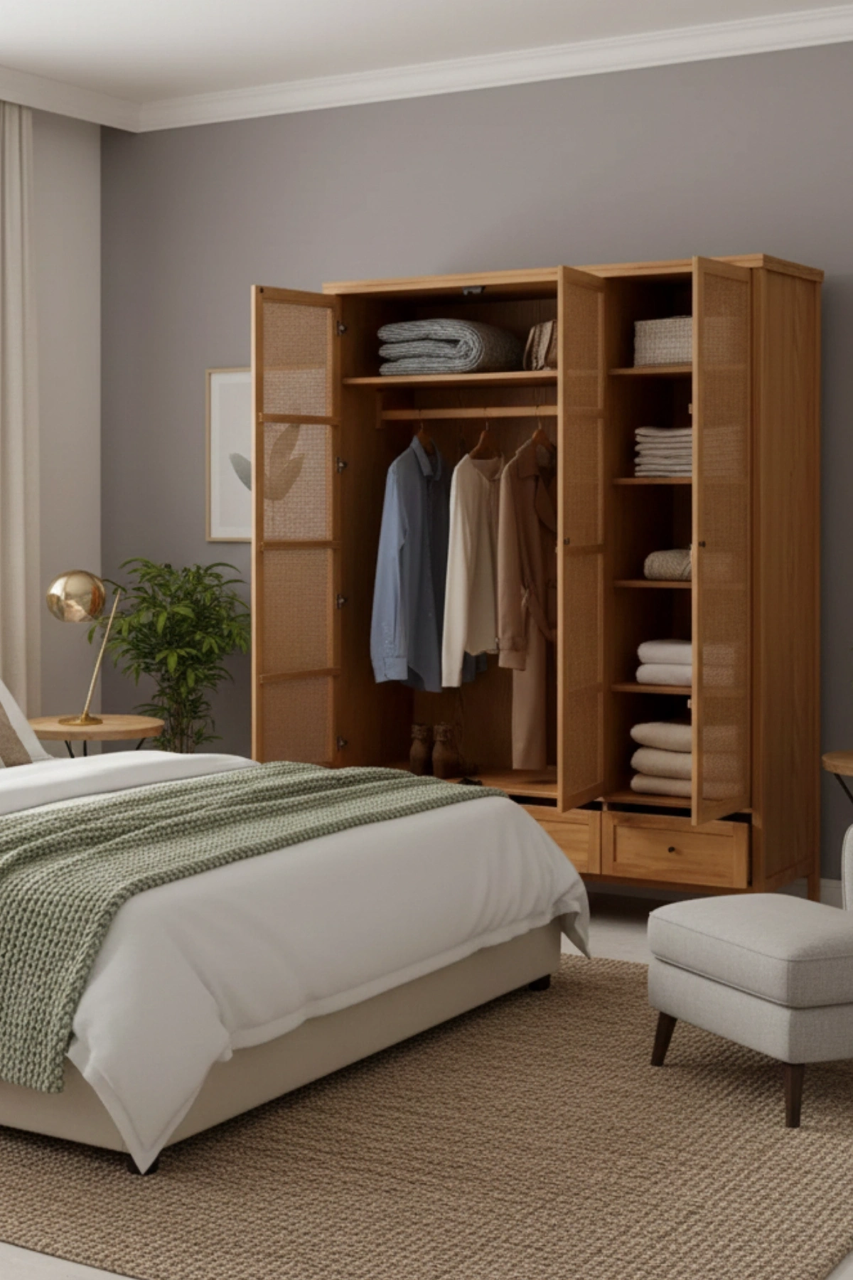 Altea Rattan Detaylı Geniş Masif Gardrop