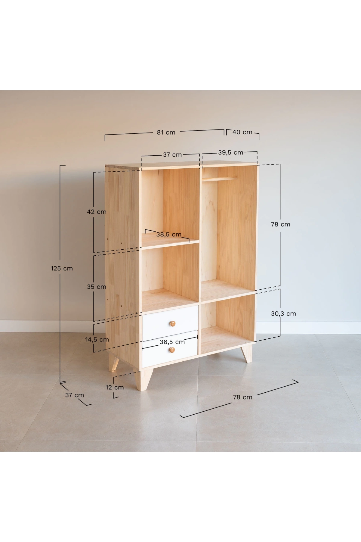 Çift Çekmeceli Açık Raflı Mini Ahşap Gardrop 80x125x40 cm