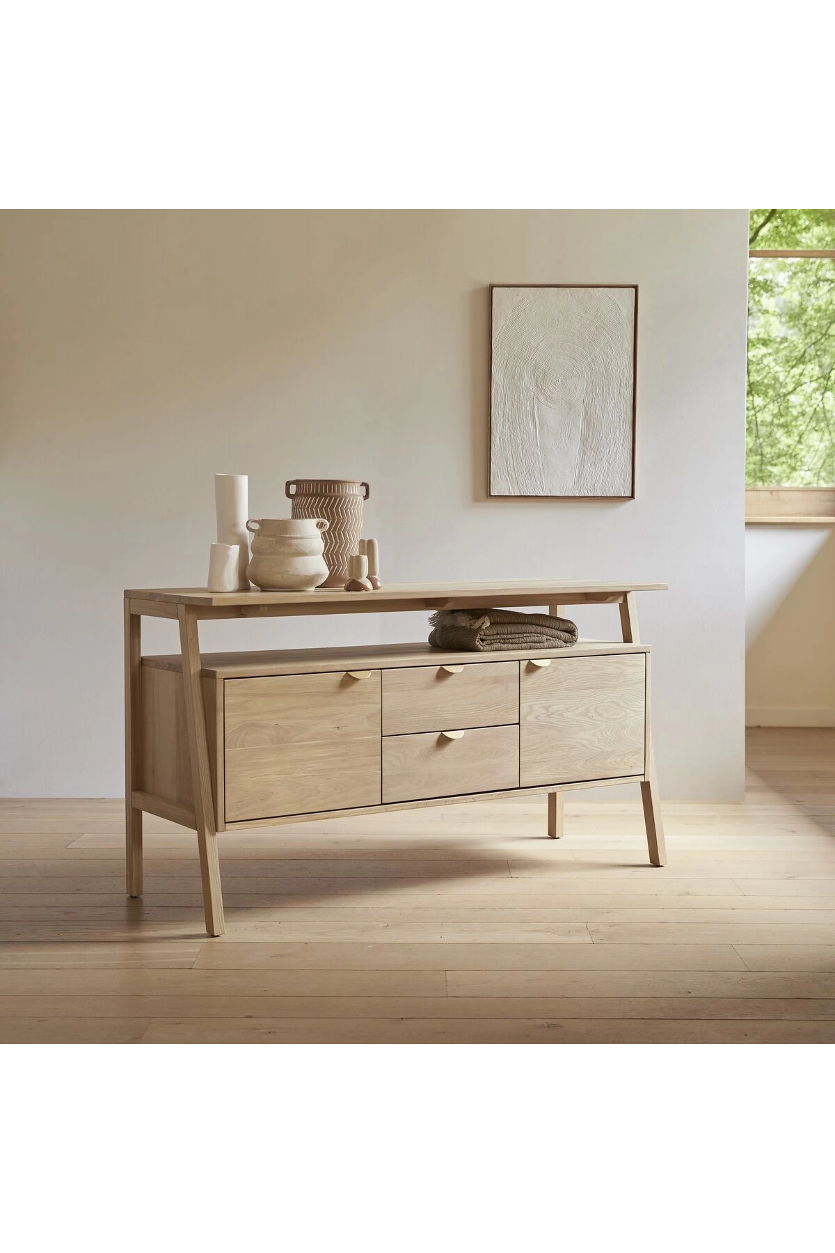 Consola de madera maciza natural de dos cajones Pola