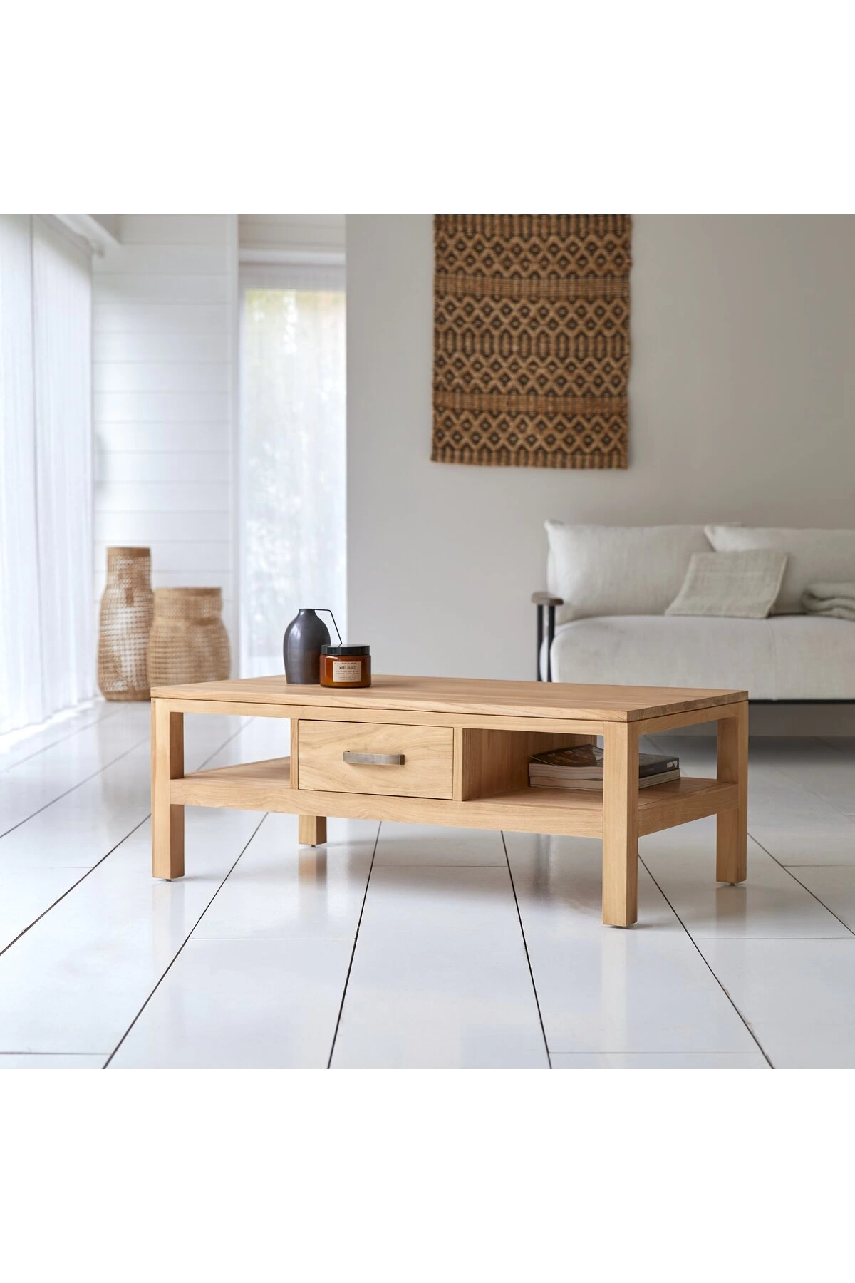 Ahşap çift yön çekmeceli iskandinav stil masif orta sehpa