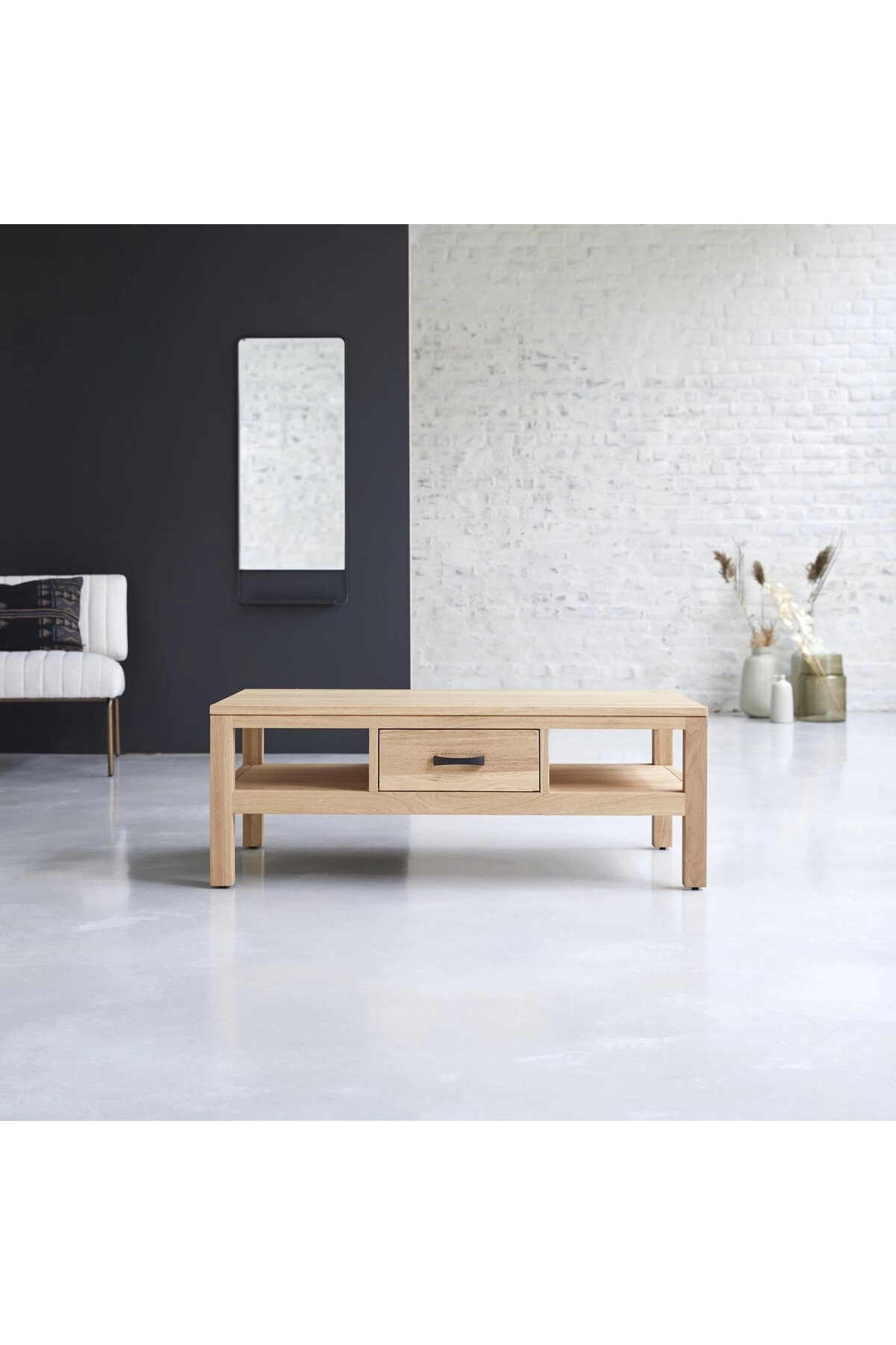 Ahşap çift yön çekmeceli iskandinav stil masif orta sehpa