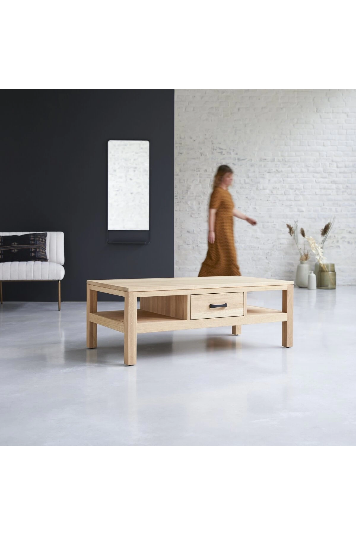 Ahşap çift yön çekmeceli iskandinav stil masif orta sehpa