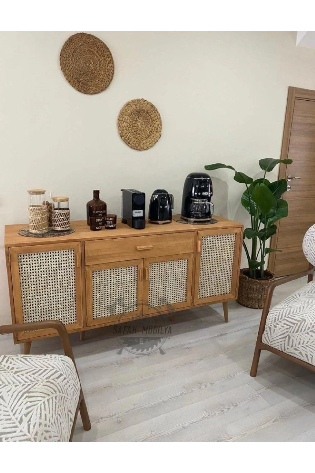 Ahşap doğal bambu hazeranlı masif konsol büfe