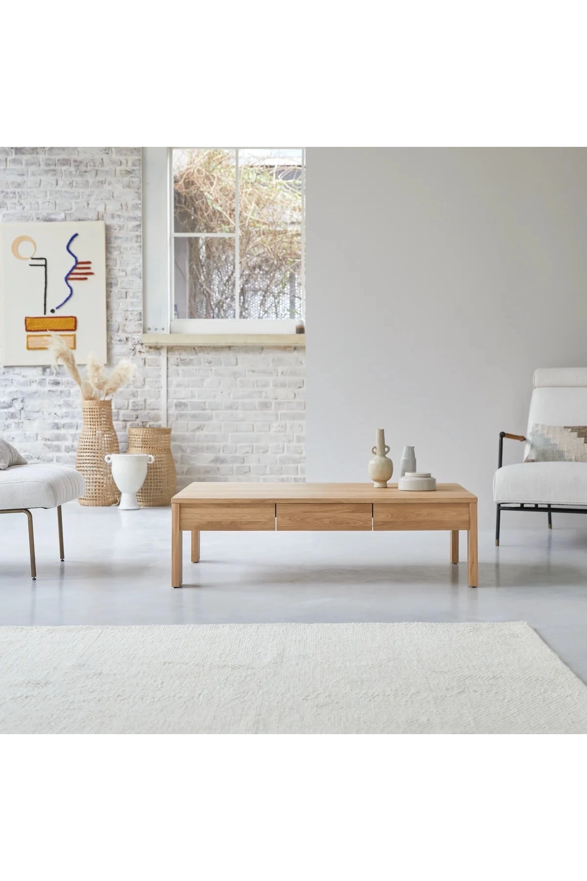 Wooden solid double-drawer natural coffee table