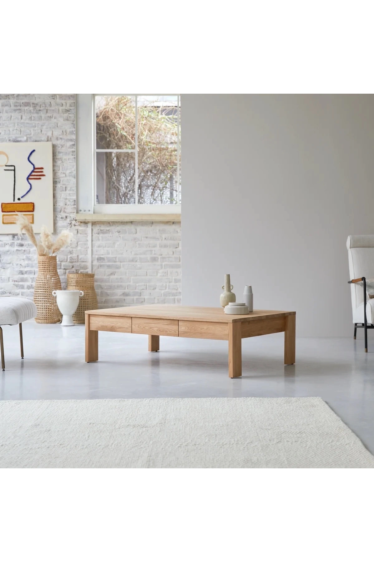 Wooden solid double-drawer natural coffee table