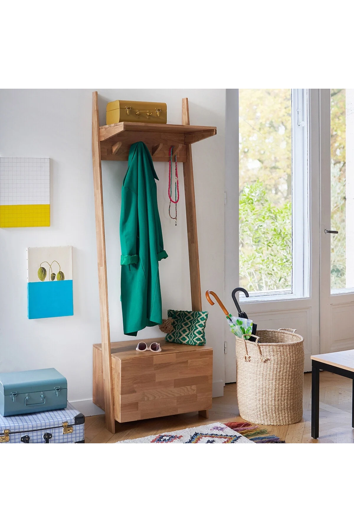 Ahşap tek kapaklı çam masif vestiyer, portmanto