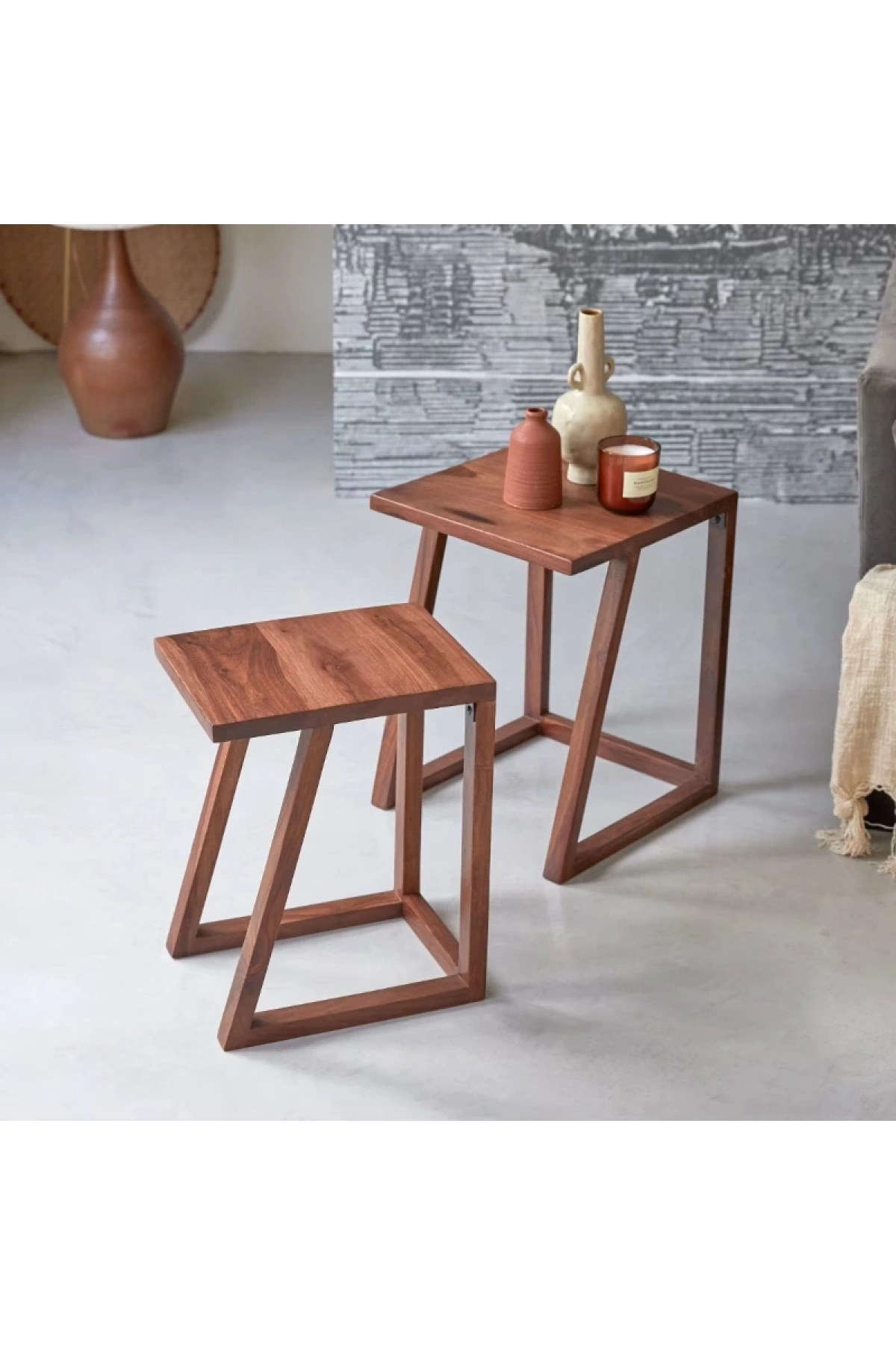 Lou Açık Ceviz Renk Basic Model Masif Ahşap Zigon Sehpa 2li 40x50x40 cm