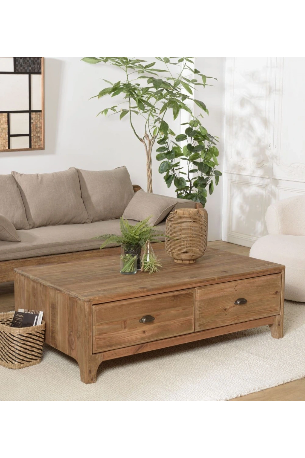 Retro Masif Ahşap Çekmeceli Orta Sehpa