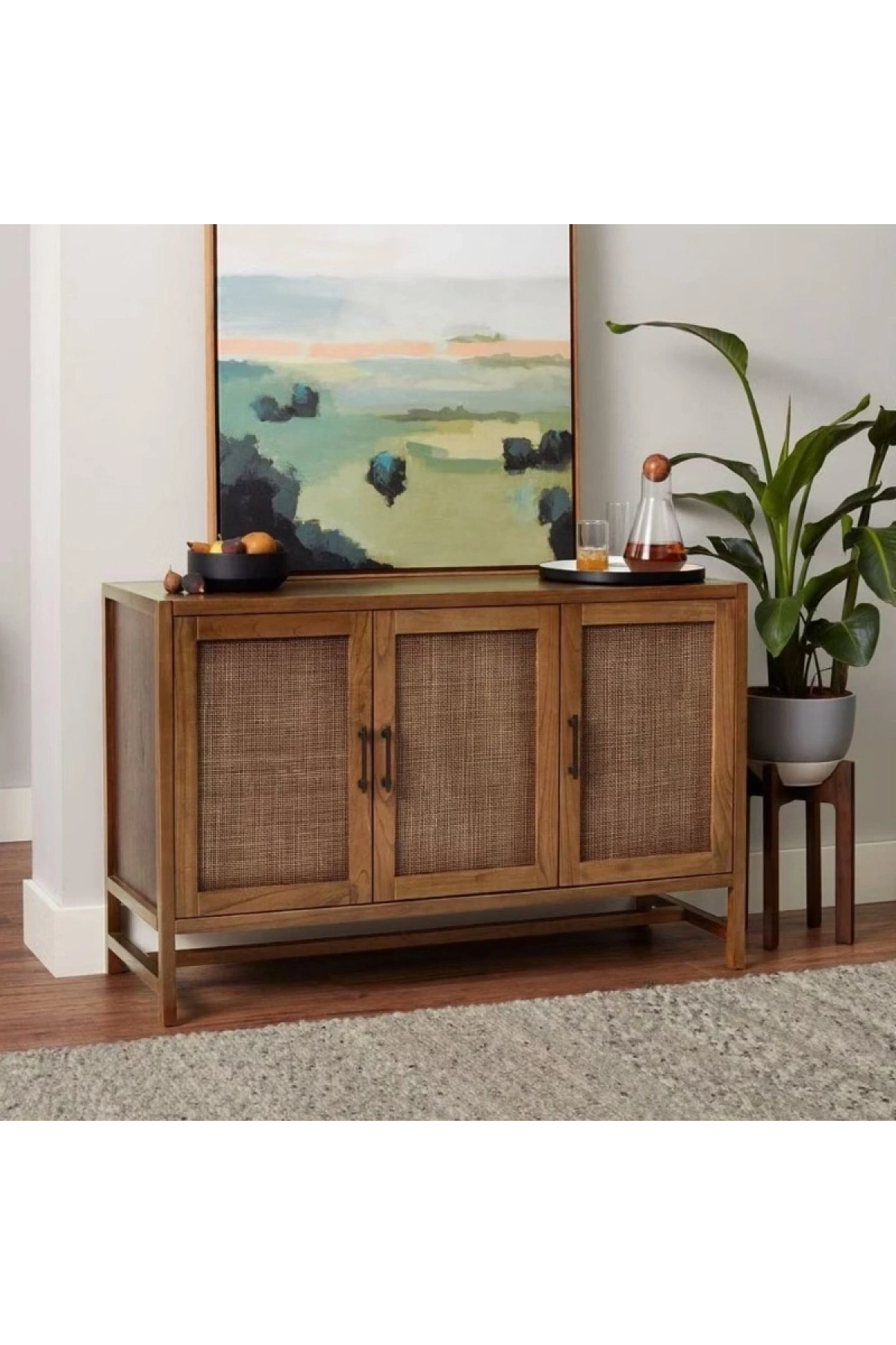 Walnut Retro Model Rattan Detaylı 3 kapaklı Masif Konsol