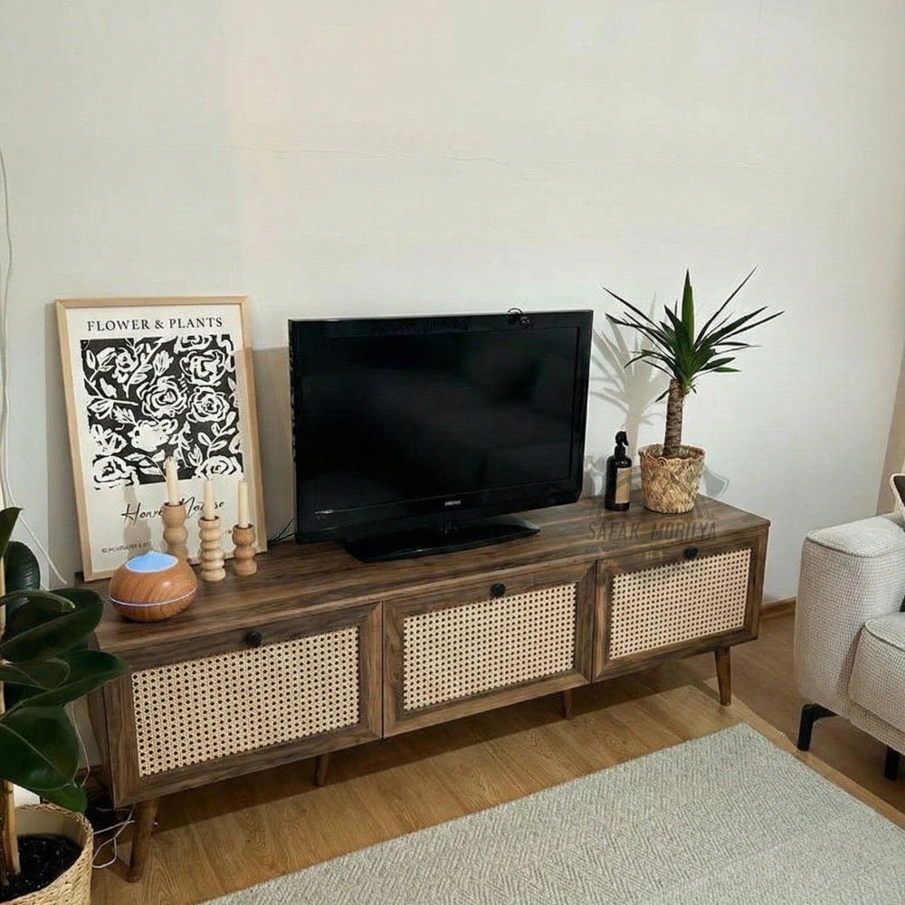 Hazeran Detaylı Masif Ahşap Devirmeli 3 Kapaklı Tv Ünitesi Koyu Ceviz