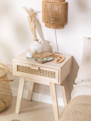 Ahşap hazeran detalı tek çekmeceli komodin