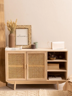 Ahşap hazeran kapaklı açık raflı konsol