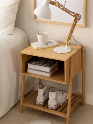 Bambu ızgara raflı ahşap dekoratif komodin