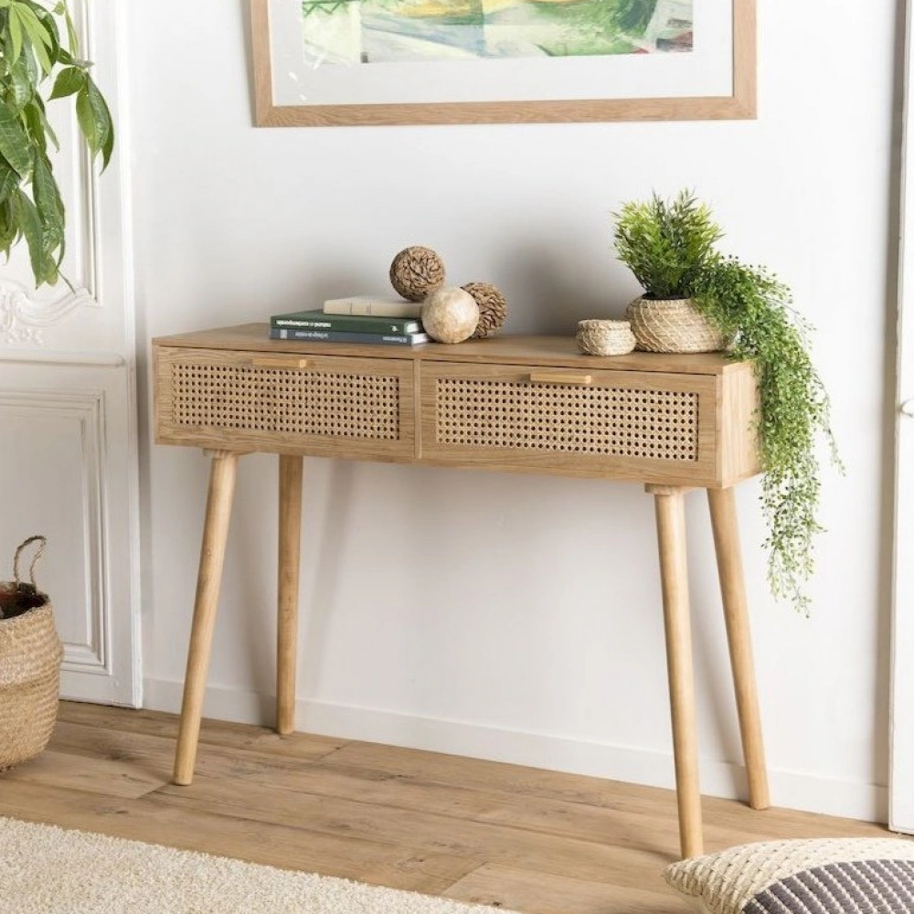 Ahşap hasır desenli hazeran çift çekmeceli dresuar konsol