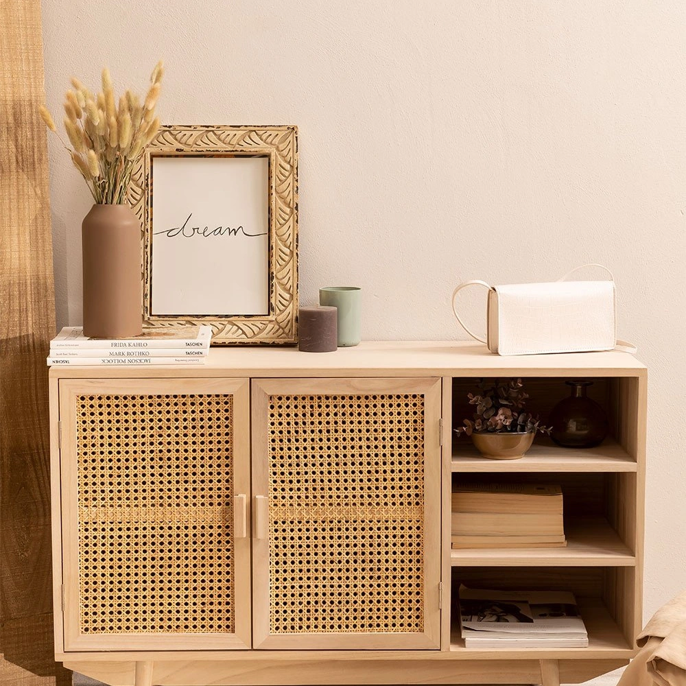 Ahşap hazeran kapaklı açık raflı konsol