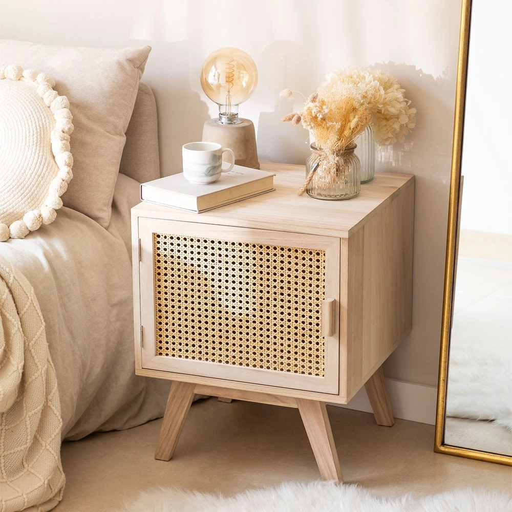 Ahşap hazeran rattan stil tek kapaklı komodin