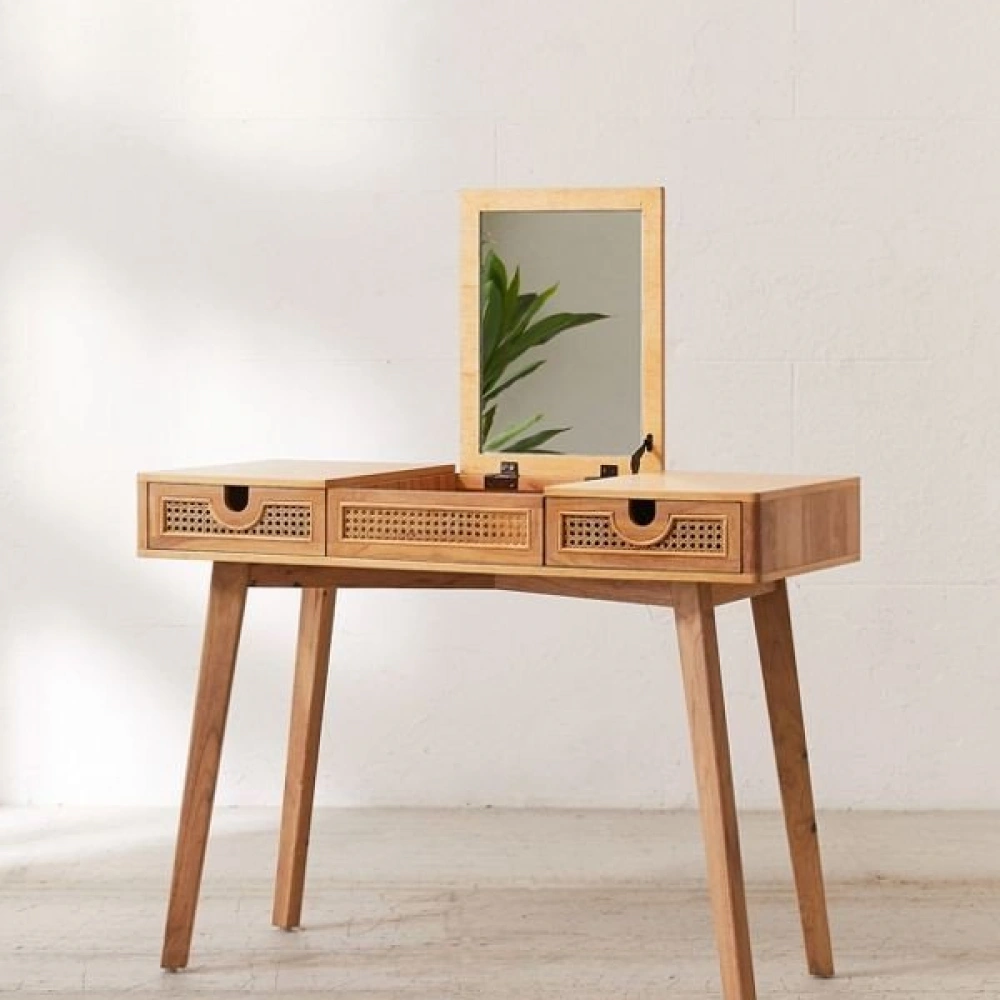Ahşap hazeranlı gizli ayna detaylı modern makyaj masası, dresuar