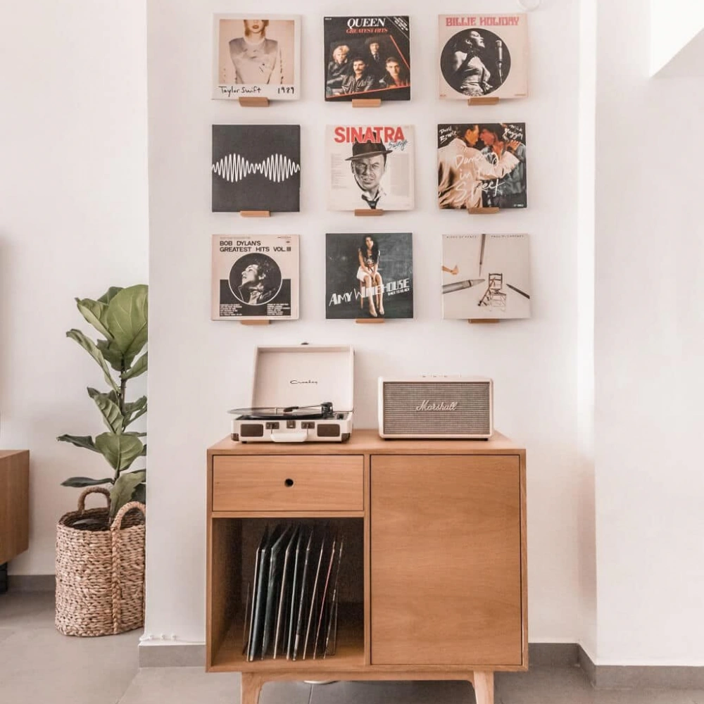 Ahşap tek çekmeceli plak dolabı, konsol