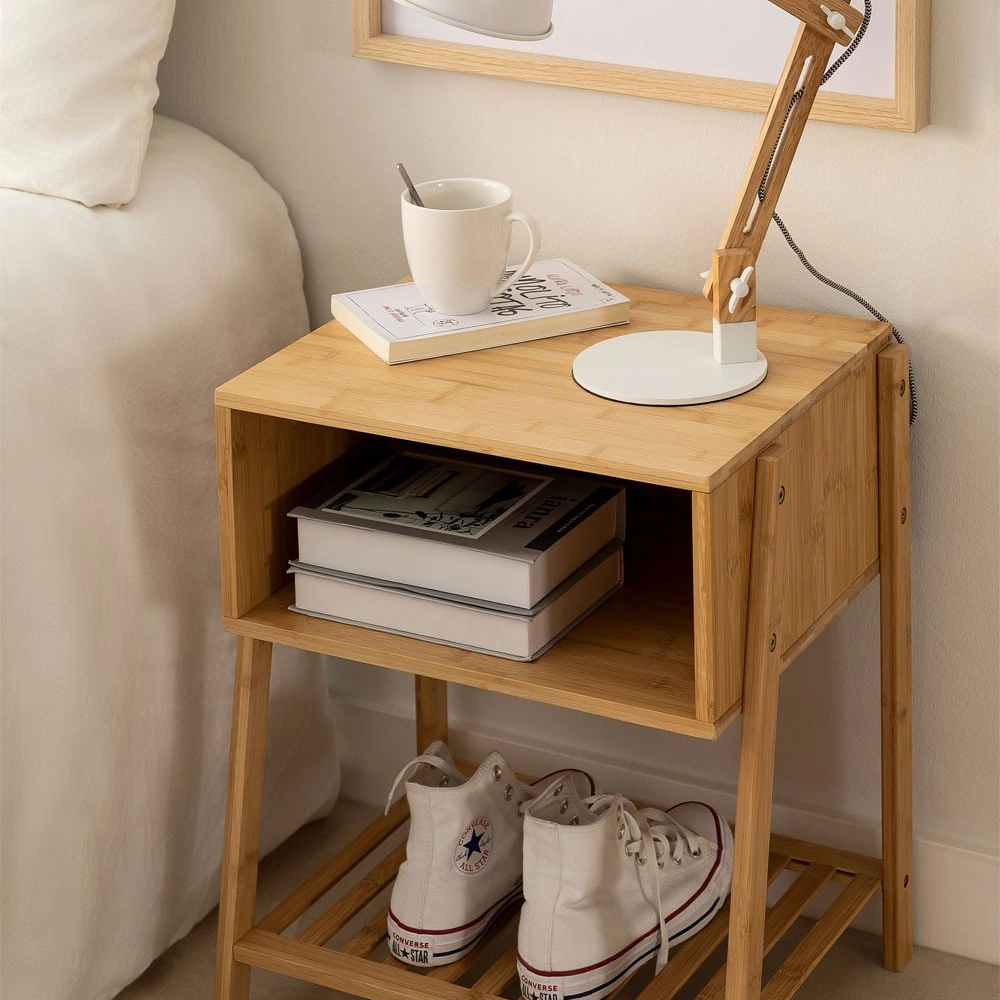 Bambu Izgara Raflı Ahşap Dekoratif Komodin Açık Kahve