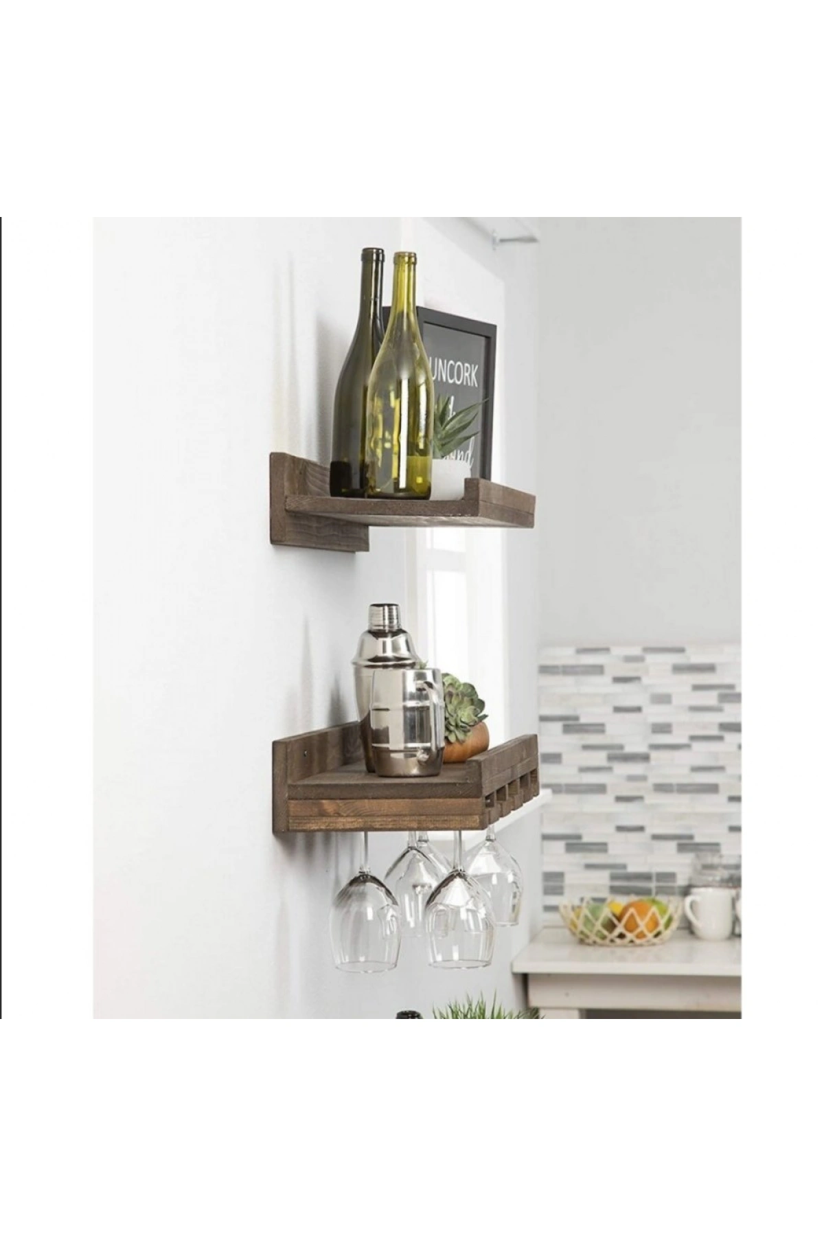 2li Ahşap Şaraplık Duvar Barı Rafı 60x14x20 cm