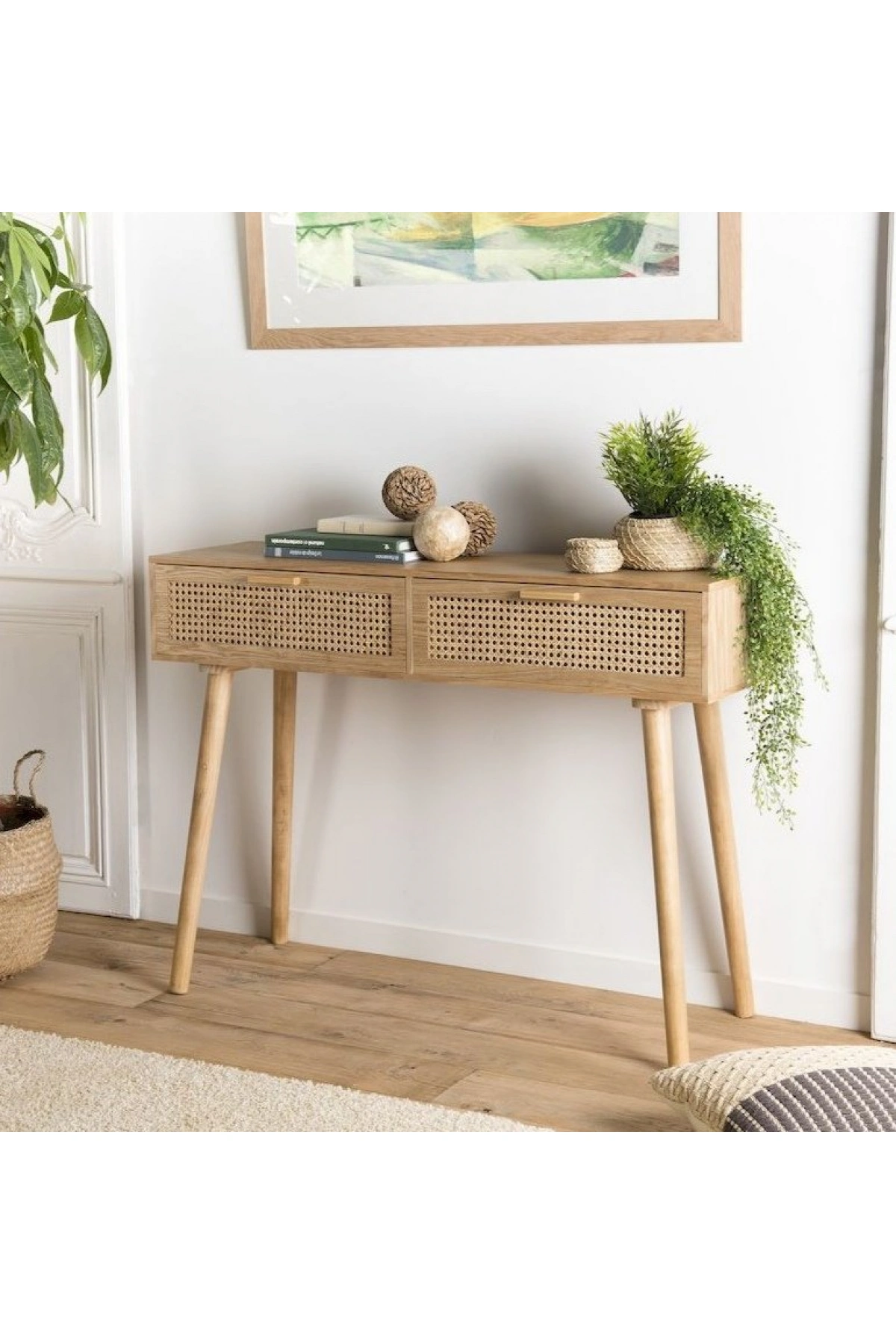 Hasır Desenli Hazeran Çift Çekmeceli Ahşap Dresuar Konsol 100x85x38 cm